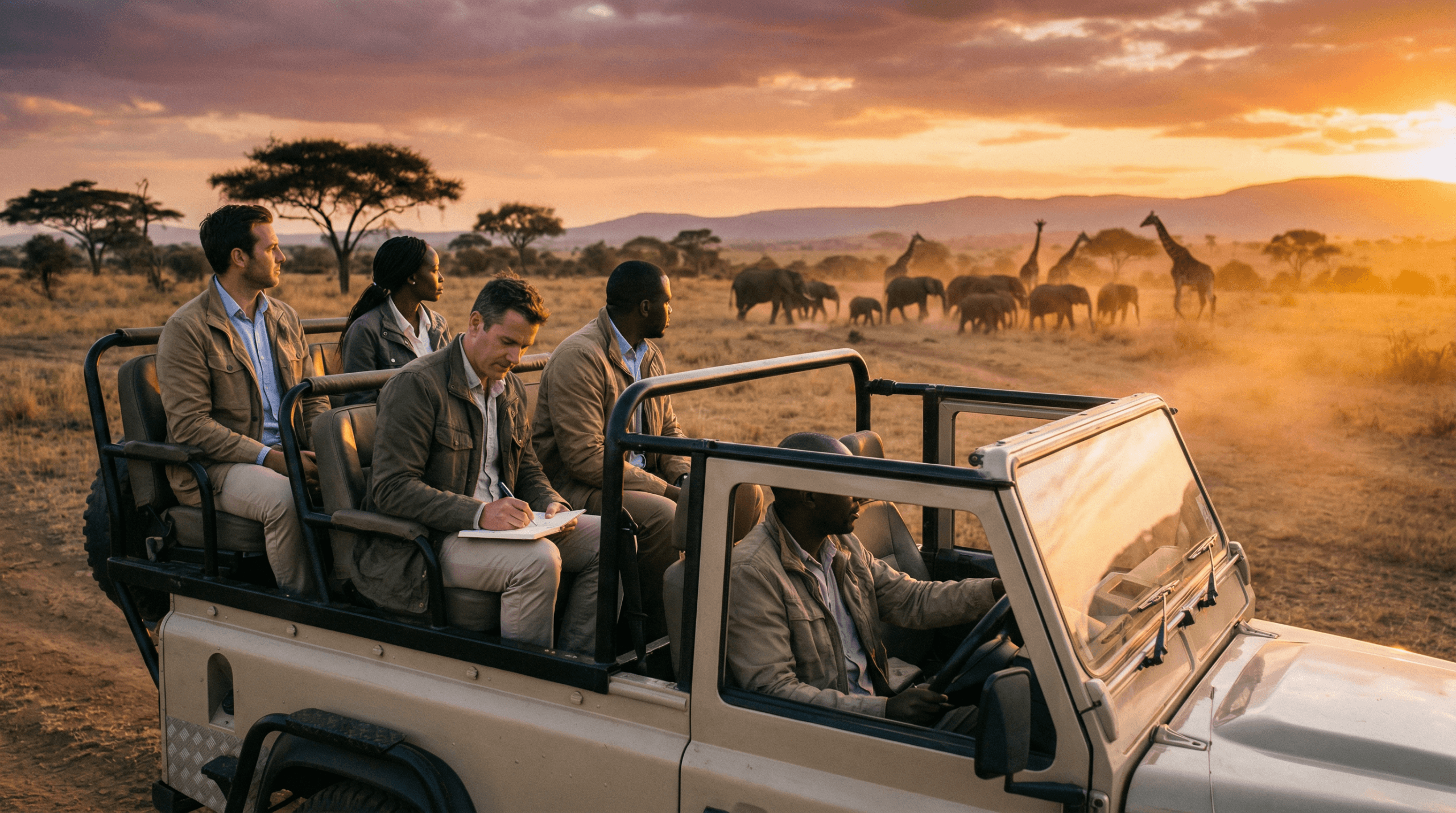 Avventura safari in Kenya con elefanti nel parco Tsavo East e vista Kilimanjari